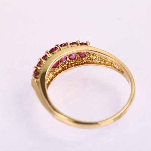 1192 - A modern 9ct gold ruby and diamond half hoop ring, setting height 6.9mm, size R, 2.9g