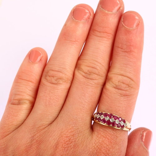 1192 - A modern 9ct gold ruby and diamond half hoop ring, setting height 6.9mm, size R, 2.9g