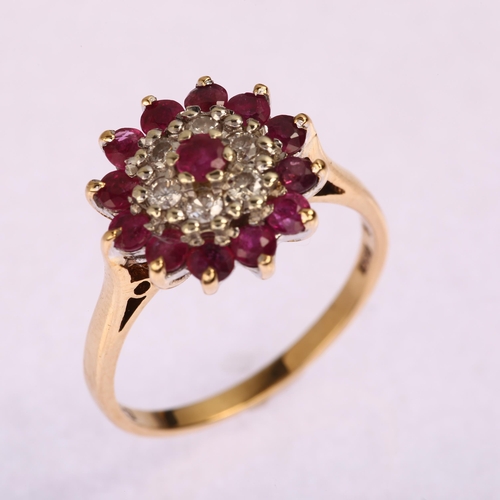 1194 - A modern 9ct gold ruby and diamond flowerhead cluster ring, setting height 13.5mm, size P, 3.4g