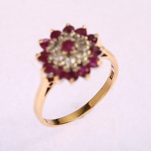 1194 - A modern 9ct gold ruby and diamond flowerhead cluster ring, setting height 13.5mm, size P, 3.4g