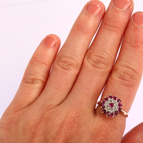 1194 - A modern 9ct gold ruby and diamond flowerhead cluster ring, setting height 13.5mm, size P, 3.4g