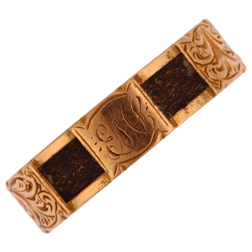 1197 - A Victorian 15ct gold mourning memorial band ring, with alternating woven hair and engraved foliate ... 