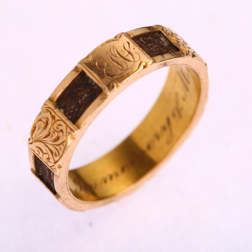 1197 - A Victorian 15ct gold mourning memorial band ring, with alternating woven hair and engraved foliate ... 