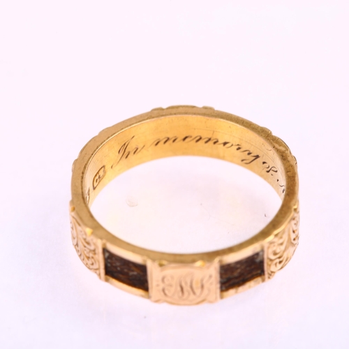 1197 - A Victorian 15ct gold mourning memorial band ring, with alternating woven hair and engraved foliate ... 