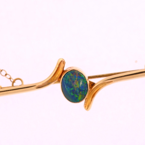 1199 - An Australian 9ct gold opal doublet bar brooch, G&E Rodd of Melbourne, brooch length 50.6mm, 3.1g