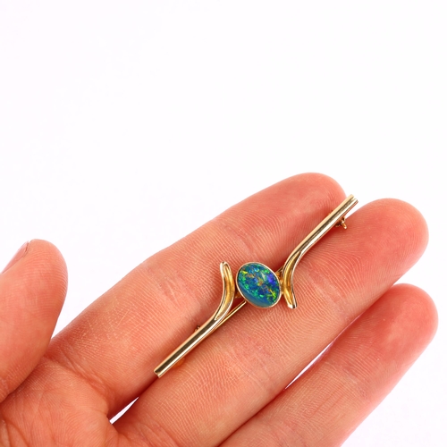 1199 - An Australian 9ct gold opal doublet bar brooch, G&E Rodd of Melbourne, brooch length 50.6mm, 3.1g