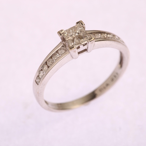 1202 - A modern 9ct white gold diamond square cluster ring, set with Princess-cut diamonds and modern round... 