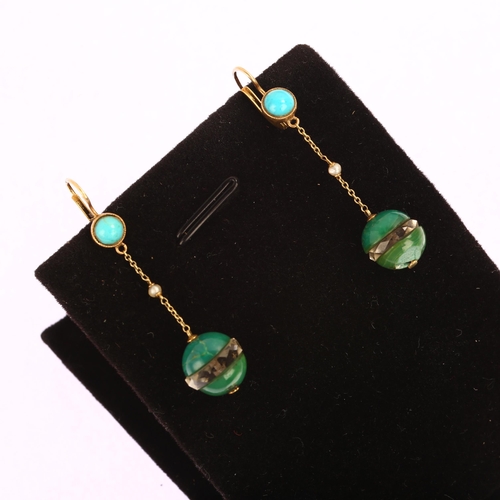 1205 - A pair of 14ct gold amazonite rock crystal turquoise and pearl drop earrings, with English lock fitt... 