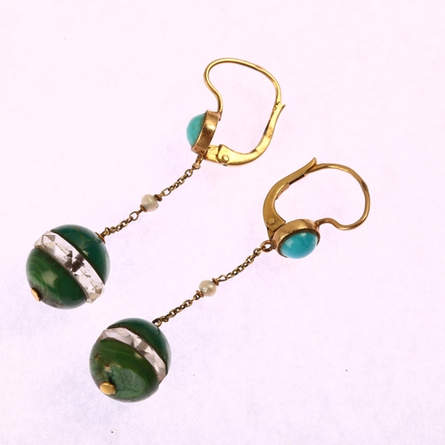 1205 - A pair of 14ct gold amazonite rock crystal turquoise and pearl drop earrings, with English lock fitt... 