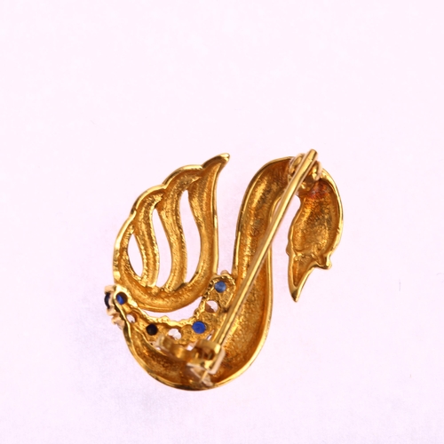 1206 - A late 20th century 9ct gold sapphire and cubic zirconia figural swan brooch, maker's marks SJ, Lond... 