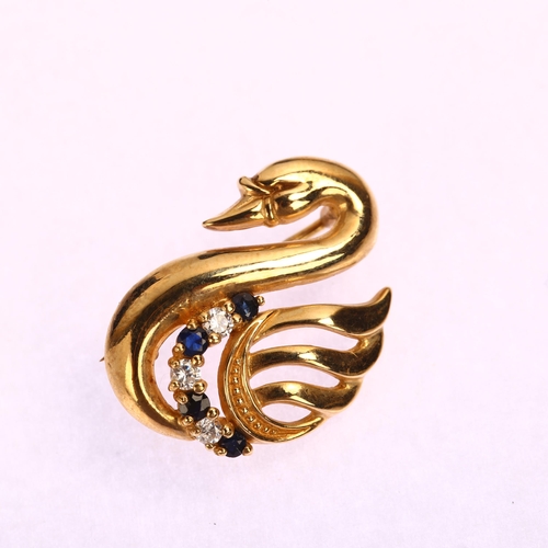 1206 - A late 20th century 9ct gold sapphire and cubic zirconia figural swan brooch, maker's marks SJ, Lond... 