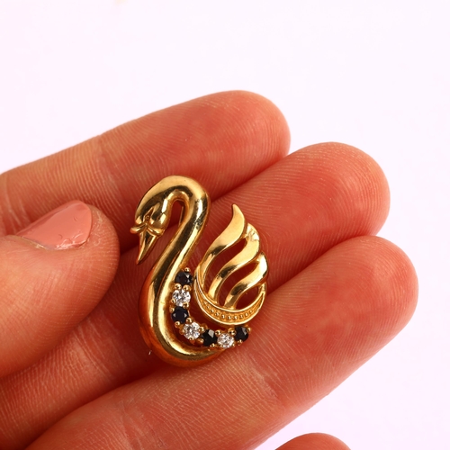 1206 - A late 20th century 9ct gold sapphire and cubic zirconia figural swan brooch, maker's marks SJ, Lond... 