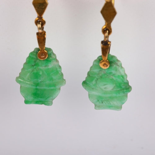 1208 - A pair of Chinese 14ct gold jade 'Basket Of Fruit' drop earrings, with circular cabochon jade screw-... 