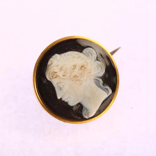 1210 - A 19th century miniature sardonyx cameo brooch, relief carved with Classical female head profile, in... 