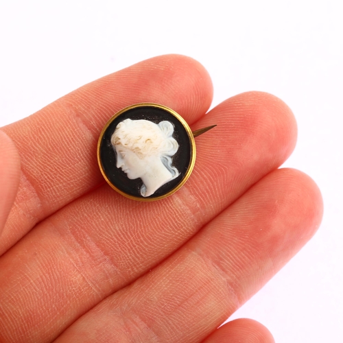 1210 - A 19th century miniature sardonyx cameo brooch, relief carved with Classical female head profile, in... 