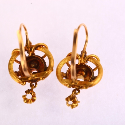 1211 - A pair of Antique French pearl and paste drop earrings, unmarked yellow metal settings with French l... 