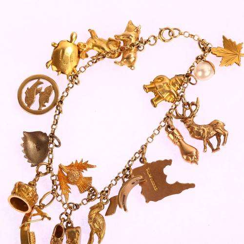 1213 - A 9ct gold double belcher link chain charm bracelet, with various 9ct gold and silver charms, bracel... 