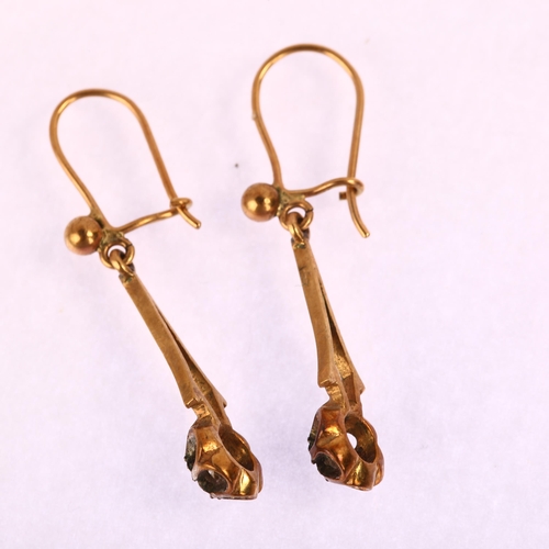 1215 - A pair of diamond flowerhead drop earrings, unmarked gold settings with single-cut diamonds and shep... 