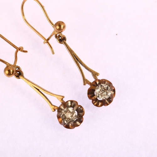 1215 - A pair of diamond flowerhead drop earrings, unmarked gold settings with single-cut diamonds and shep... 