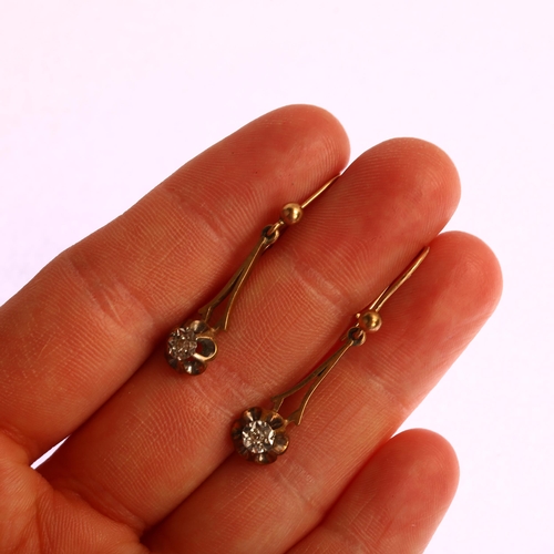 1215 - A pair of diamond flowerhead drop earrings, unmarked gold settings with single-cut diamonds and shep... 