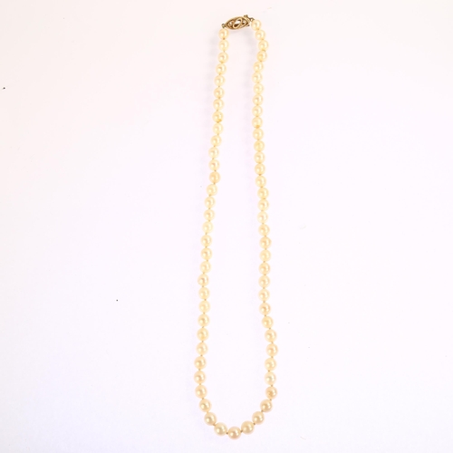 1216 - A single-strand pearl bead necklace, with 9ct gold clasp, each pearl diameter approx 6.2mm, necklace... 