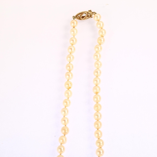 1216 - A single-strand pearl bead necklace, with 9ct gold clasp, each pearl diameter approx 6.2mm, necklace... 