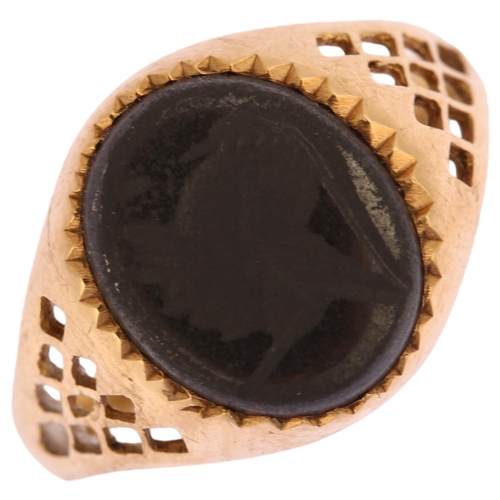 1218 - A modern 9ct gold hematite Centurion seal signet ring, setting height 13.4mm, size P, 2.9g