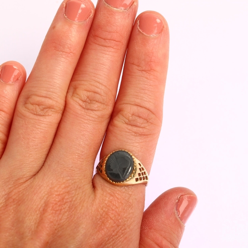 1218 - A modern 9ct gold hematite Centurion seal signet ring, setting height 13.4mm, size P, 2.9g