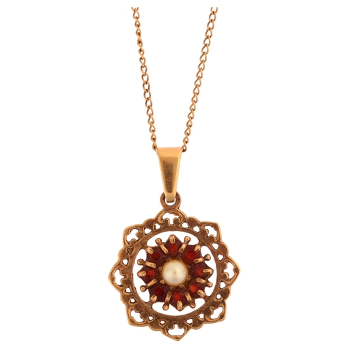 1222 - A modern 9ct gold cultured pearl and garnet flowerhead cluster pendant necklace, on 9ct fine cable l... 