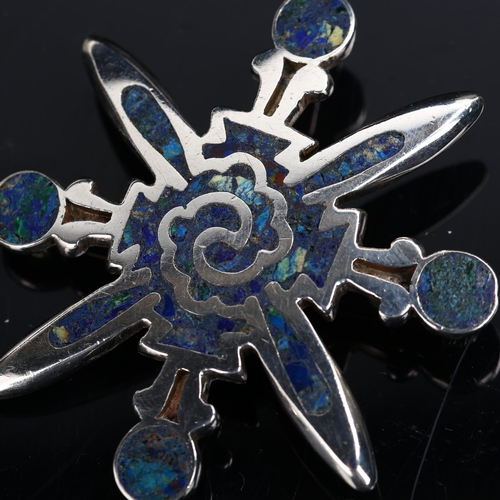 1256 - MIGUEL MELENDEZ - a Mexican Taxco sterling silver hardstone Aztec design pendant/brooch, height 53.5... 