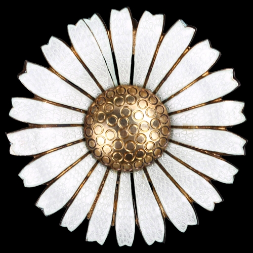 1262 - ANTON MICHELSEN - a large Danish vermeil sterling silver and white enamel daisy pattern brooch, diam... 