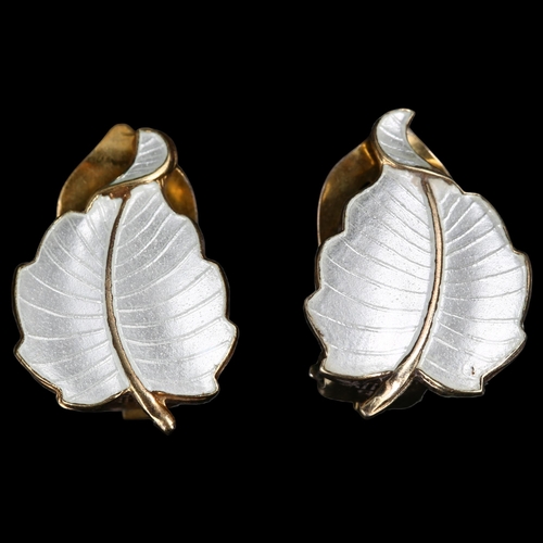 1263 - VOLMER BAHNER - a pair of Danish vermeil sterling silver and white enamel leaf clip-on earrings, hei... 