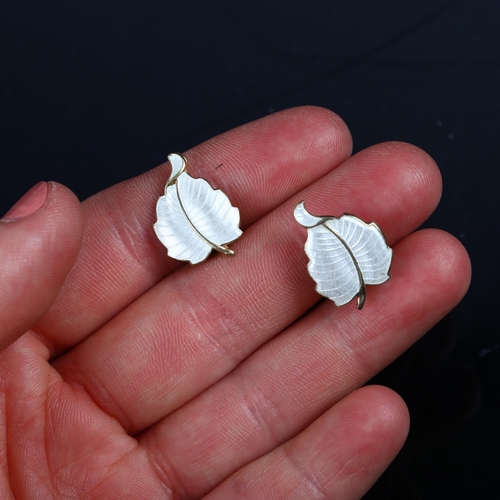 1263 - VOLMER BAHNER - a pair of Danish vermeil sterling silver and white enamel leaf clip-on earrings, hei... 