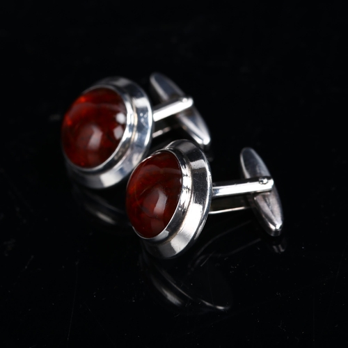 1274 - NIELS ERIK FROM - a pair of Danish modernist sterling silver and amber cufflinks, panel diameter 20.... 