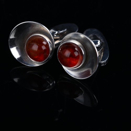 1277 - NIELS ERIK FROM - a pair of Danish modernist sterling silver and amber concave disc cufflinks, diame... 