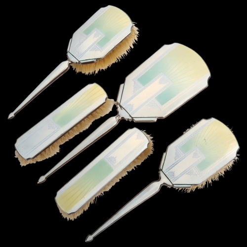 1454 - A George VI Art Deco silver and green ombre enamel 5-piece dressing table set, comprising hand mirro... 