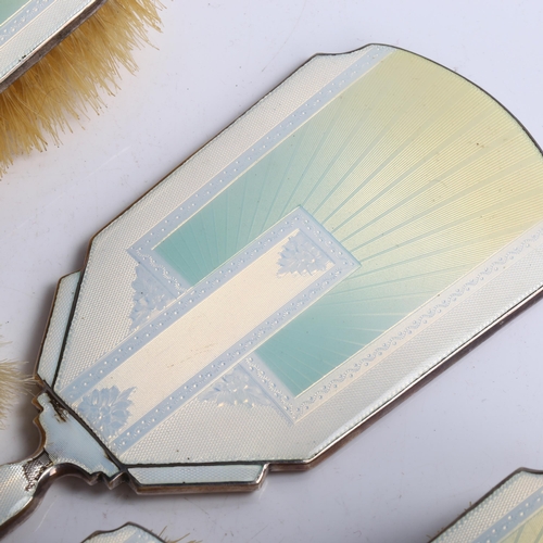 1454 - A George VI Art Deco silver and green ombre enamel 5-piece dressing table set, comprising hand mirro... 