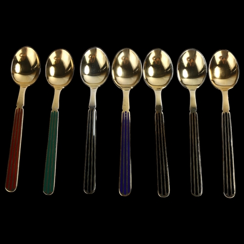 1464 - ANTON MICHELSEN - a set of 7 Danish vermeil sterling silver and harlequin enamel coffee spoons, leng... 