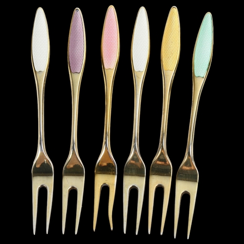 1468 - FRIGAST - a set of 6 Danish vermeil sterling silver and harlequin enamel pickle forks, length 10cm