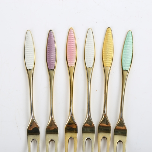 1468 - FRIGAST - a set of 6 Danish vermeil sterling silver and harlequin enamel pickle forks, length 10cm