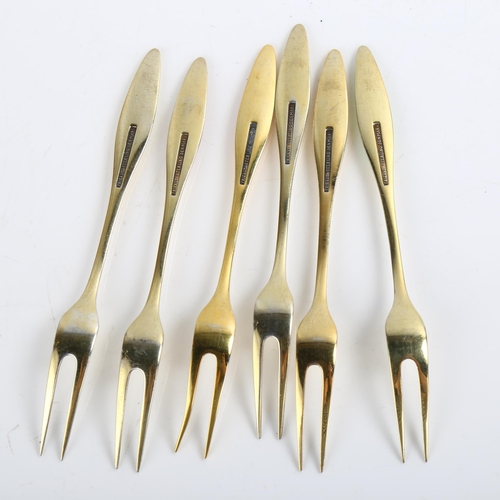 1468 - FRIGAST - a set of 6 Danish vermeil sterling silver and harlequin enamel pickle forks, length 10cm