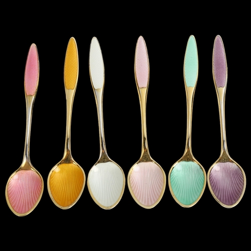 1469 - FRIGAST - a set of 6 Danish vermeil sterling silver and harlequin enamel coffee spoons, with enamell... 