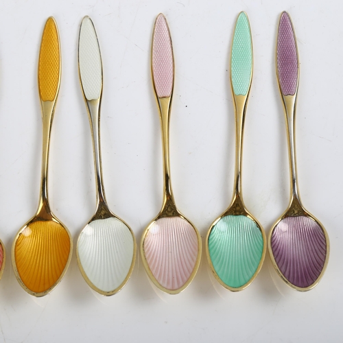 1469 - FRIGAST - a set of 6 Danish vermeil sterling silver and harlequin enamel coffee spoons, with enamell... 