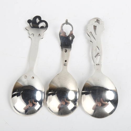 1471 - 3 Danish stylised silver preserve spoons, with pierced floral handles, largest length 11cm