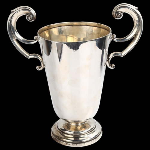 1475 - A large George V Art Deco silver 2-handled pedestal trophy cup, plain tapered cylindrical form with ... 