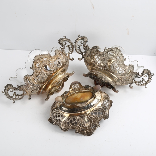 1479 - A set of 3 late 19th century German silver table centre bowls, with relief embossed foliate and pier... 