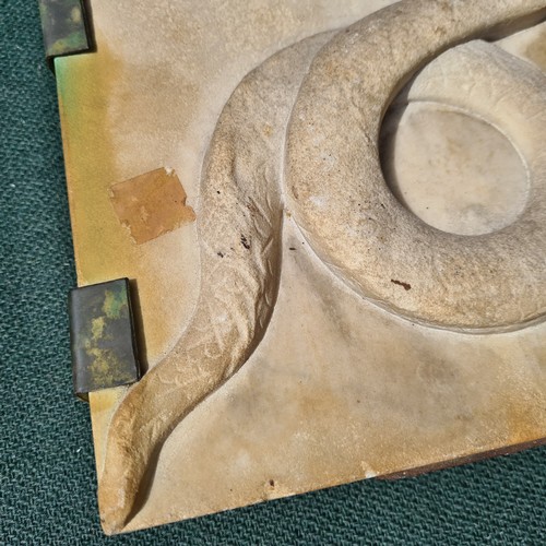 166 - 2 Ancient Greek relief carved stone plaques, depicting a dove and snake, mounted on wooden backing b... 