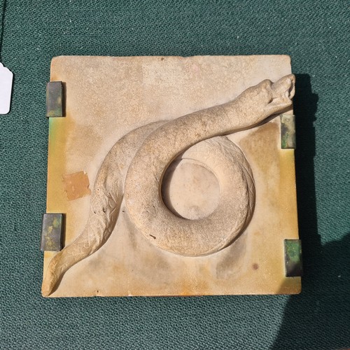 166 - 2 Ancient Greek relief carved stone plaques, depicting a dove and snake, mounted on wooden backing b... 