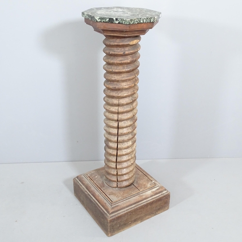 2221 - A French elm spiral-turned column with green marble top. Overall 42x110cm.