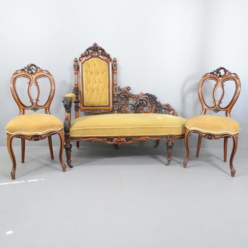 2118 - A walnut and upholstered chaise long, with carved and ebonised decoration, 135x126x65cm, and two mat... 